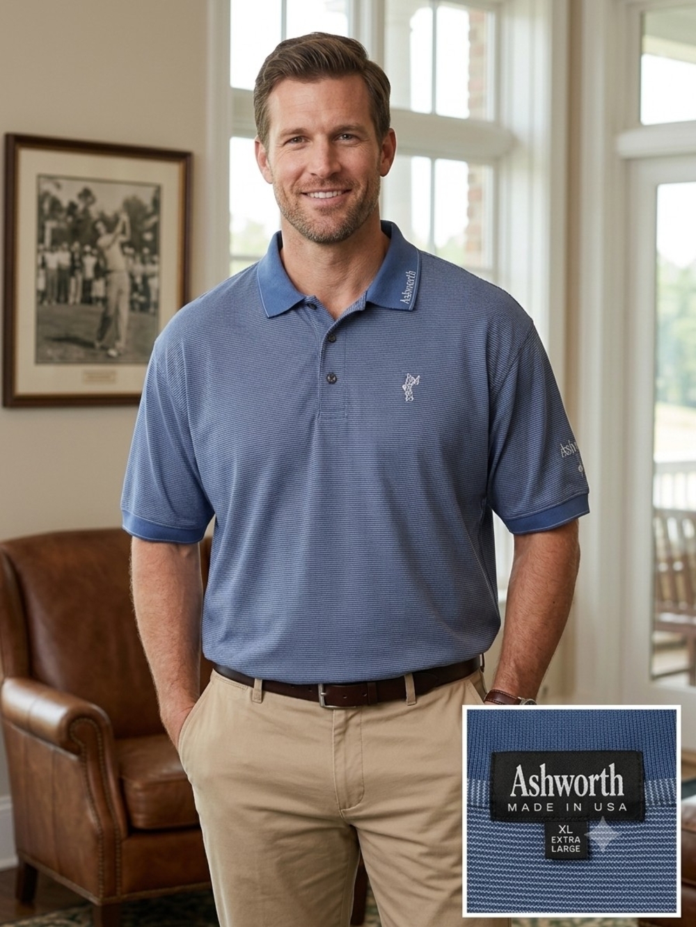 Ashworth Men's Blue Stripped Cotton Blend Short-Sleeve Golf Polo.  MS 35